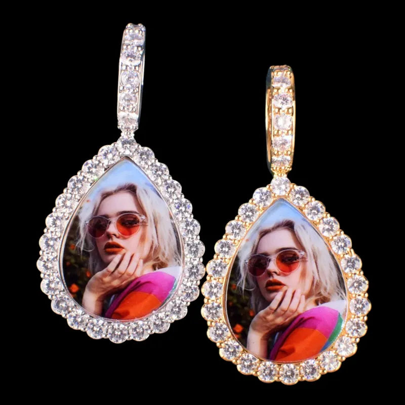 Pair of personalized teardrop pendants with custom photos and iced border