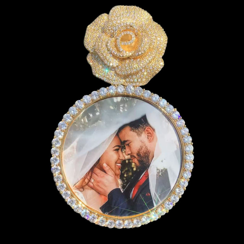 Custom round rose pendant necklace 70mm with personalized photo insert, perfect memorial keepsake gift