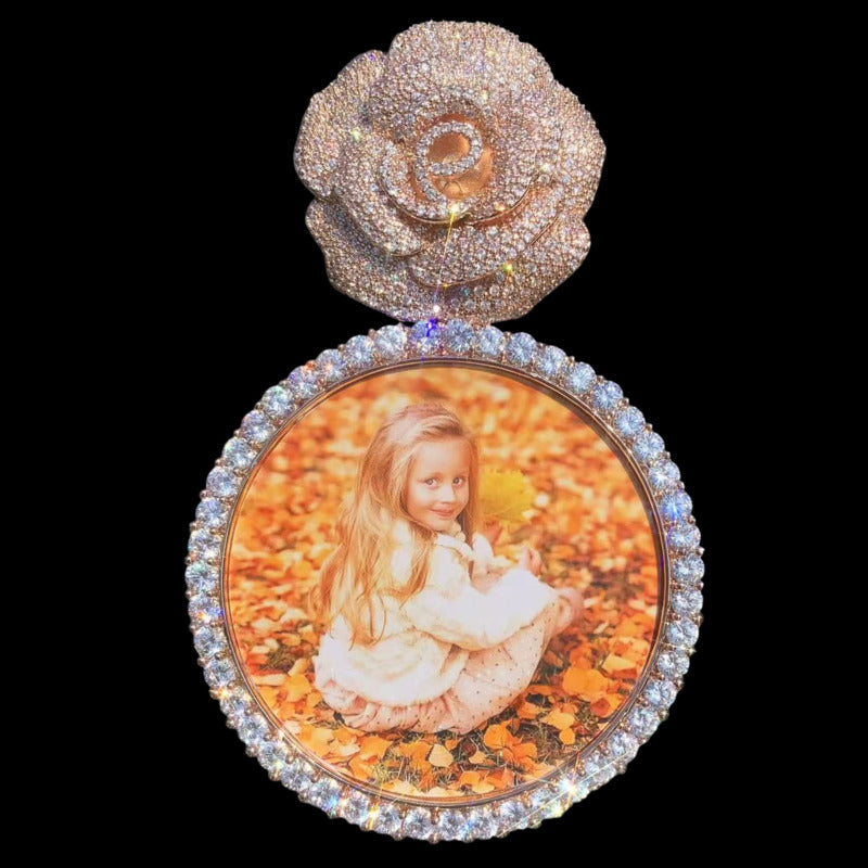 Luxury 3D rose photo necklace with round pendant 70mm, custom photo jewelry for couples or family