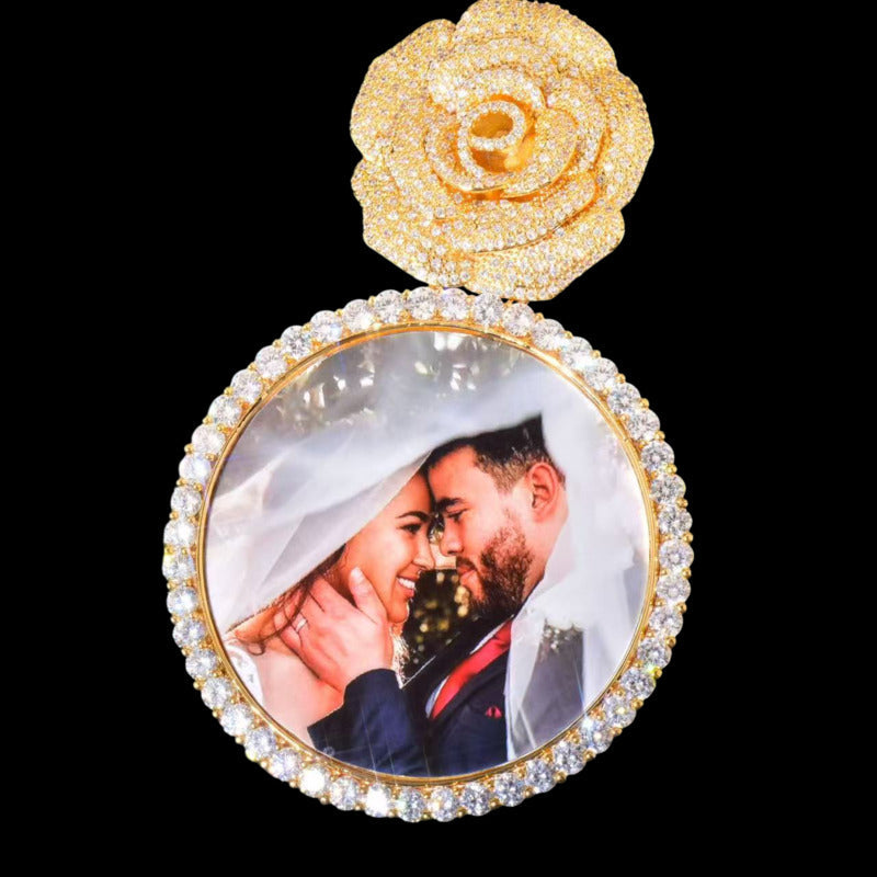 Handmade round rose pendant 70mm with custom photo engraving, personalized jewelry gift idea