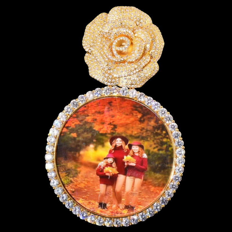 3D rose round customized photo pendant 70mm, unique personalized necklace for anniversary or memorial