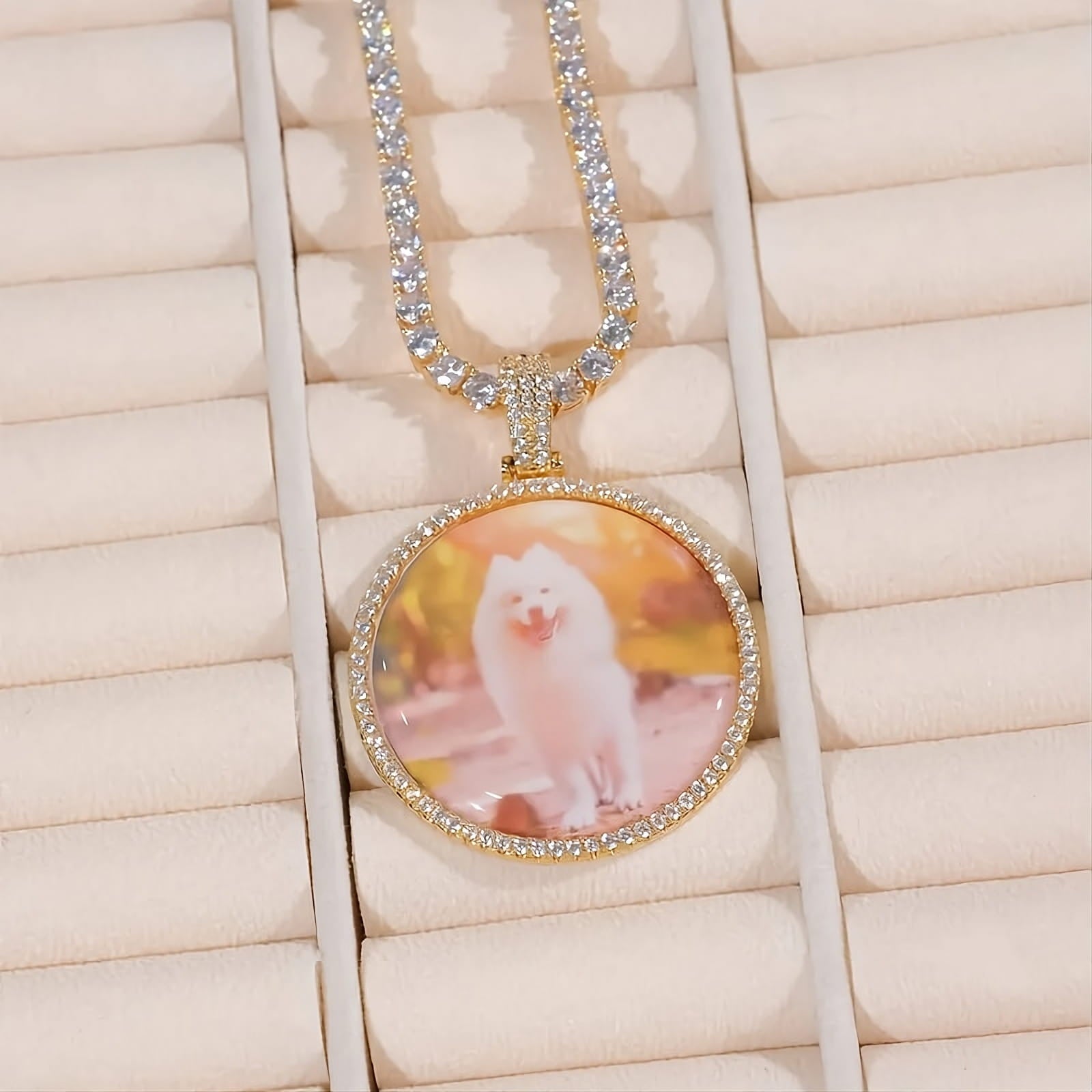 Custom photo pendant necklace with gold frame and moissanite border, hip hop jewelry