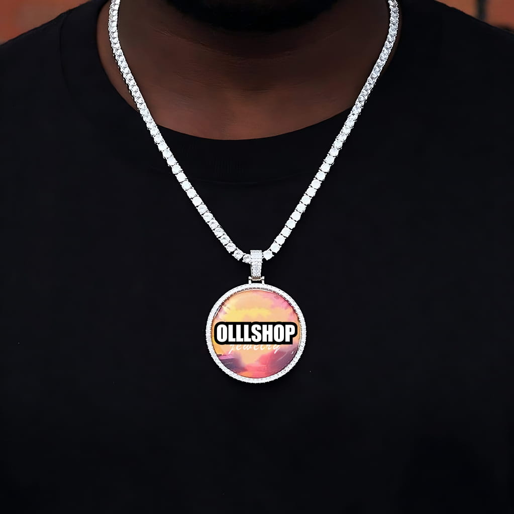 3D circle custom picture pendant necklace worn on chest, personalized hip hop jewelry