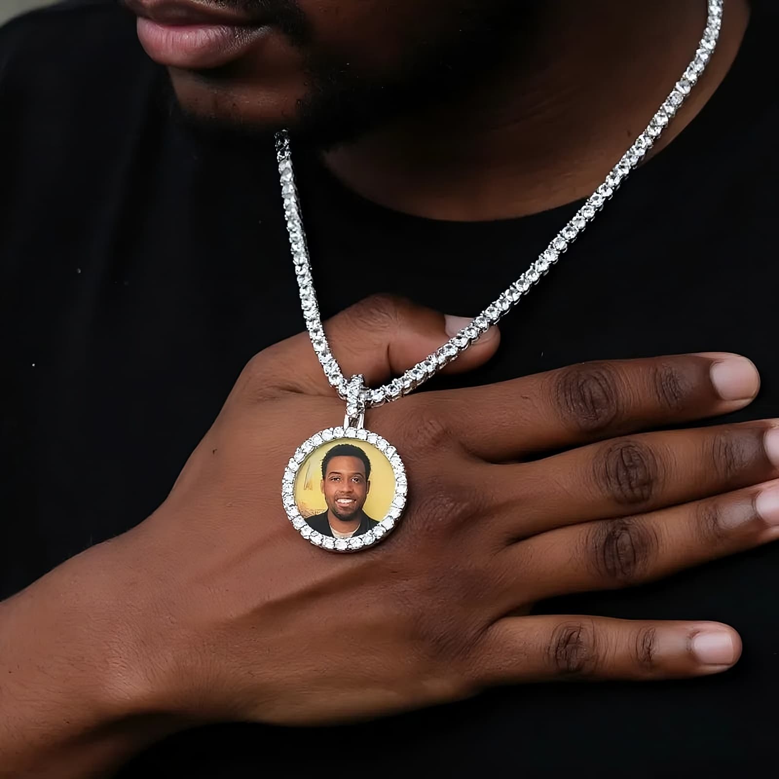 Small 3D circle custom photo pendant on iced Cuban chain worn on chest