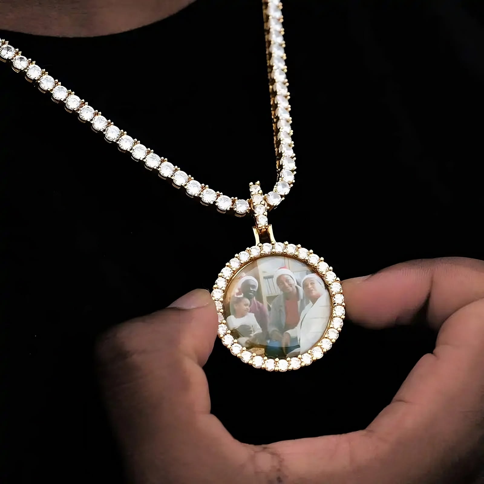 Custom circle pendant featuring group photo with iced frame