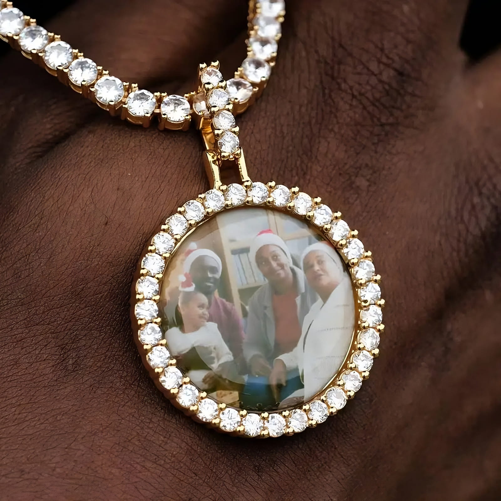 Round custom photo pendant necklace featuring portrait design