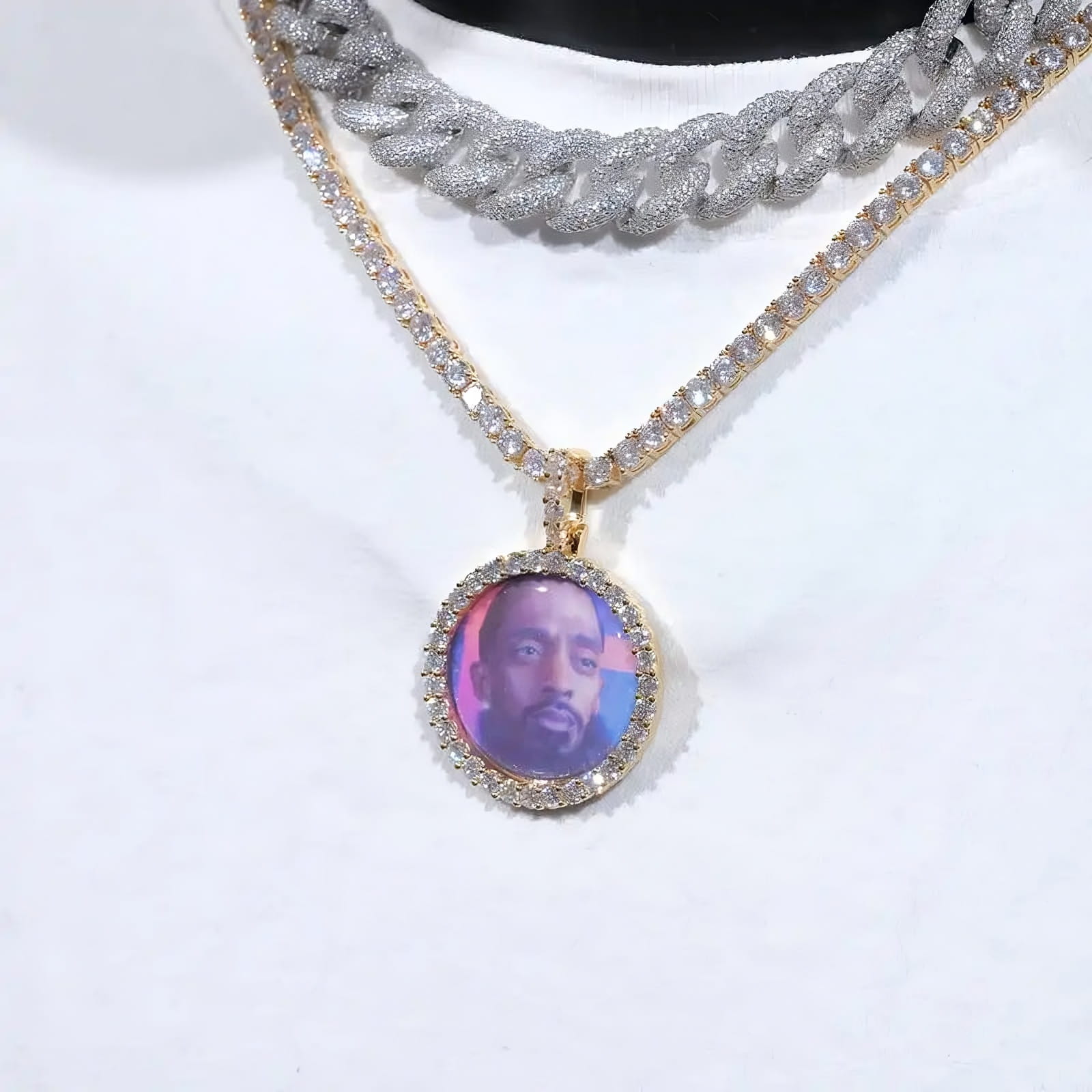 Small iced circle photo pendant with personalized picture on gold chain