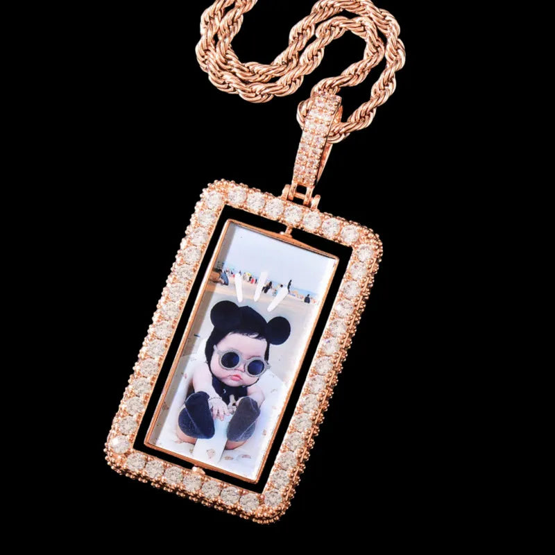 Gold rectangular pendant with personalized photo and iced design