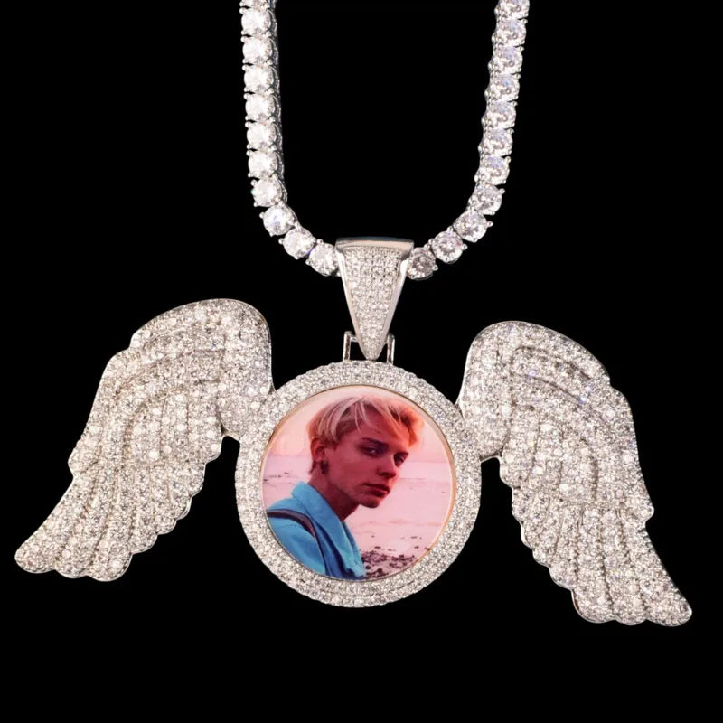 Custom iced-out wings pendant with round personalized photo centerpiece - 90mm