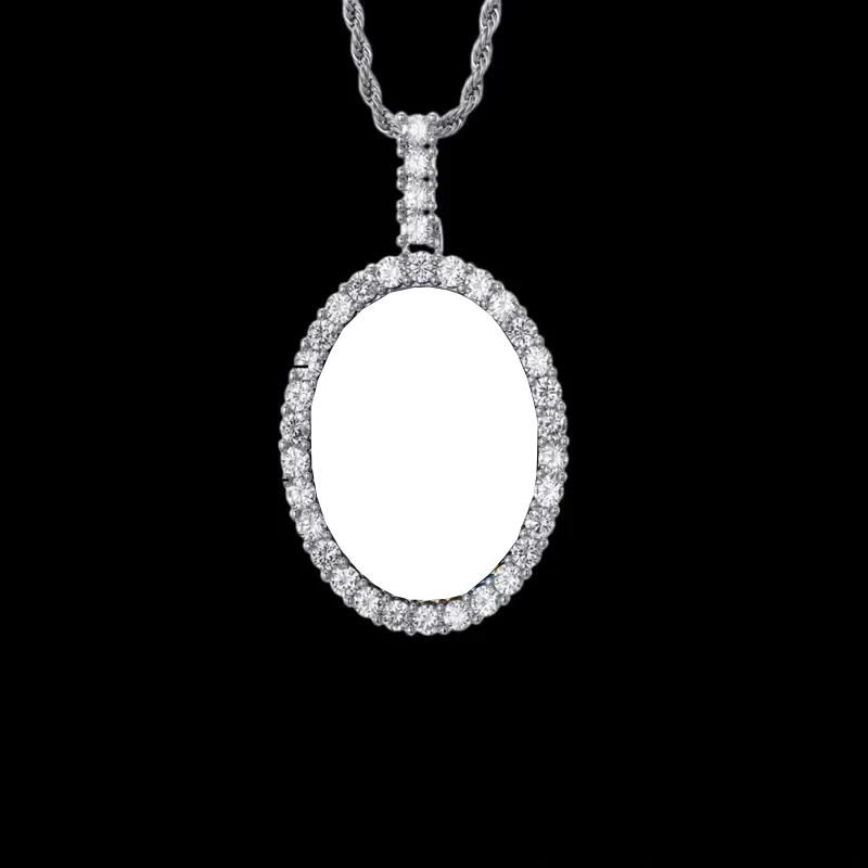 3D New Custom Photo Oval Pendant in White Gold - 38mm
