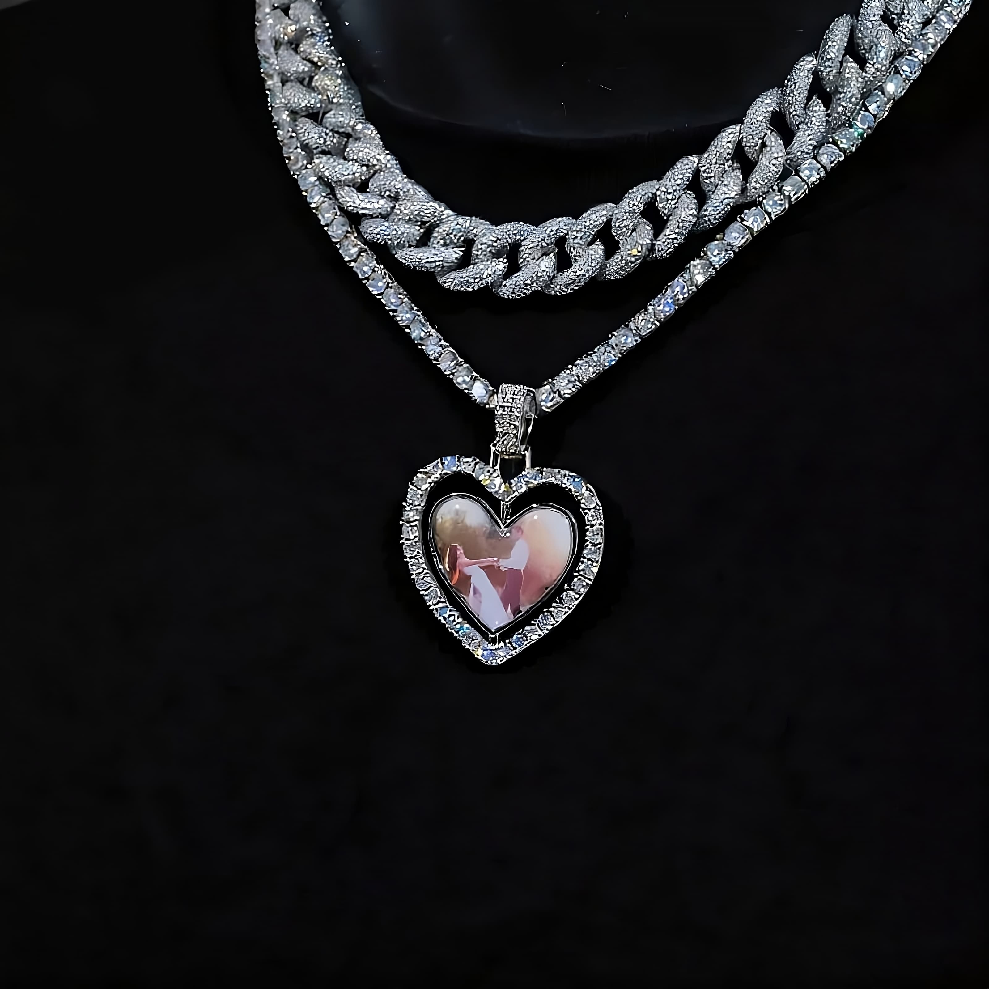 3D spinning two-faced heart custom photo pendant on iced chain necklace