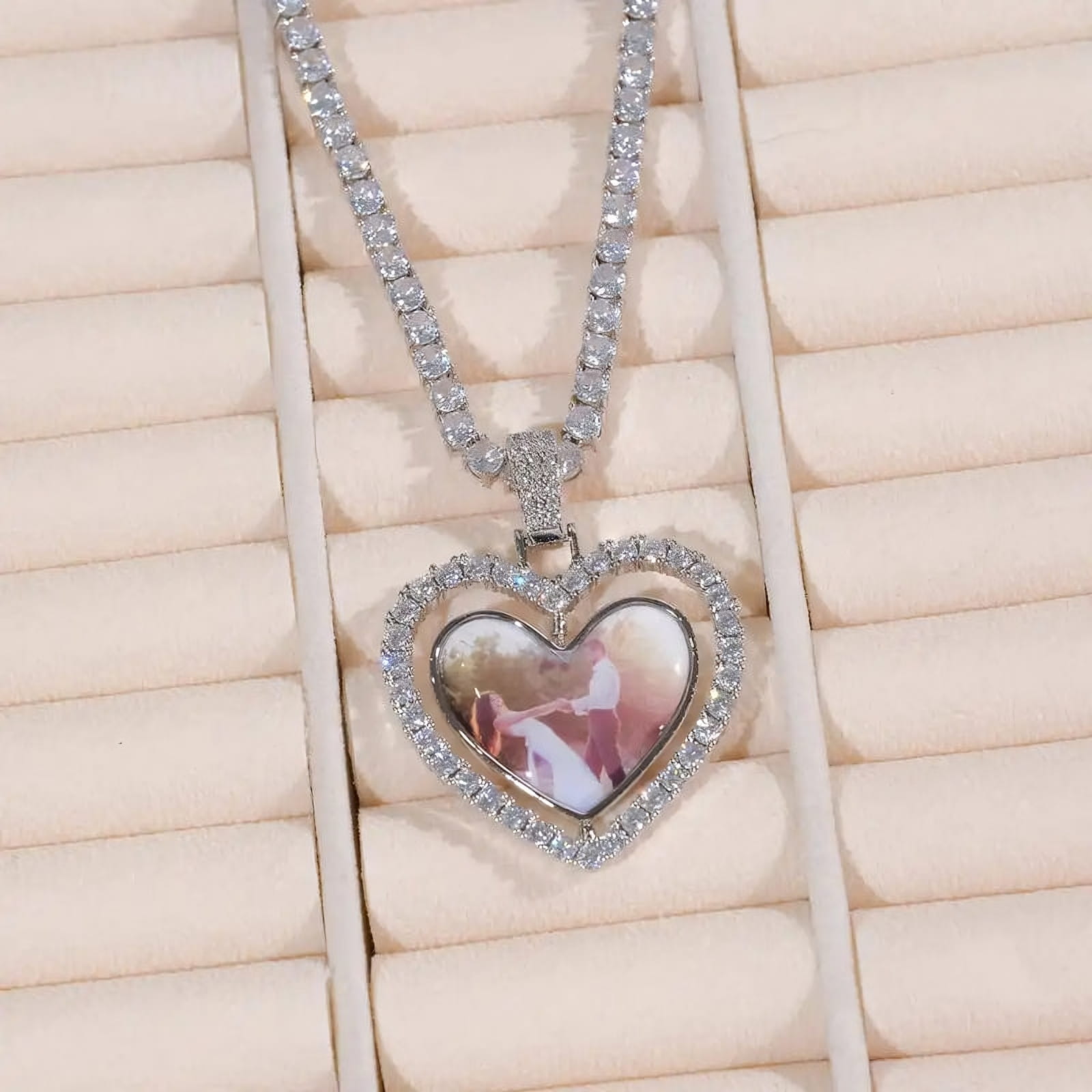 18k gold version of spinning heart custom pendant with personalized photo