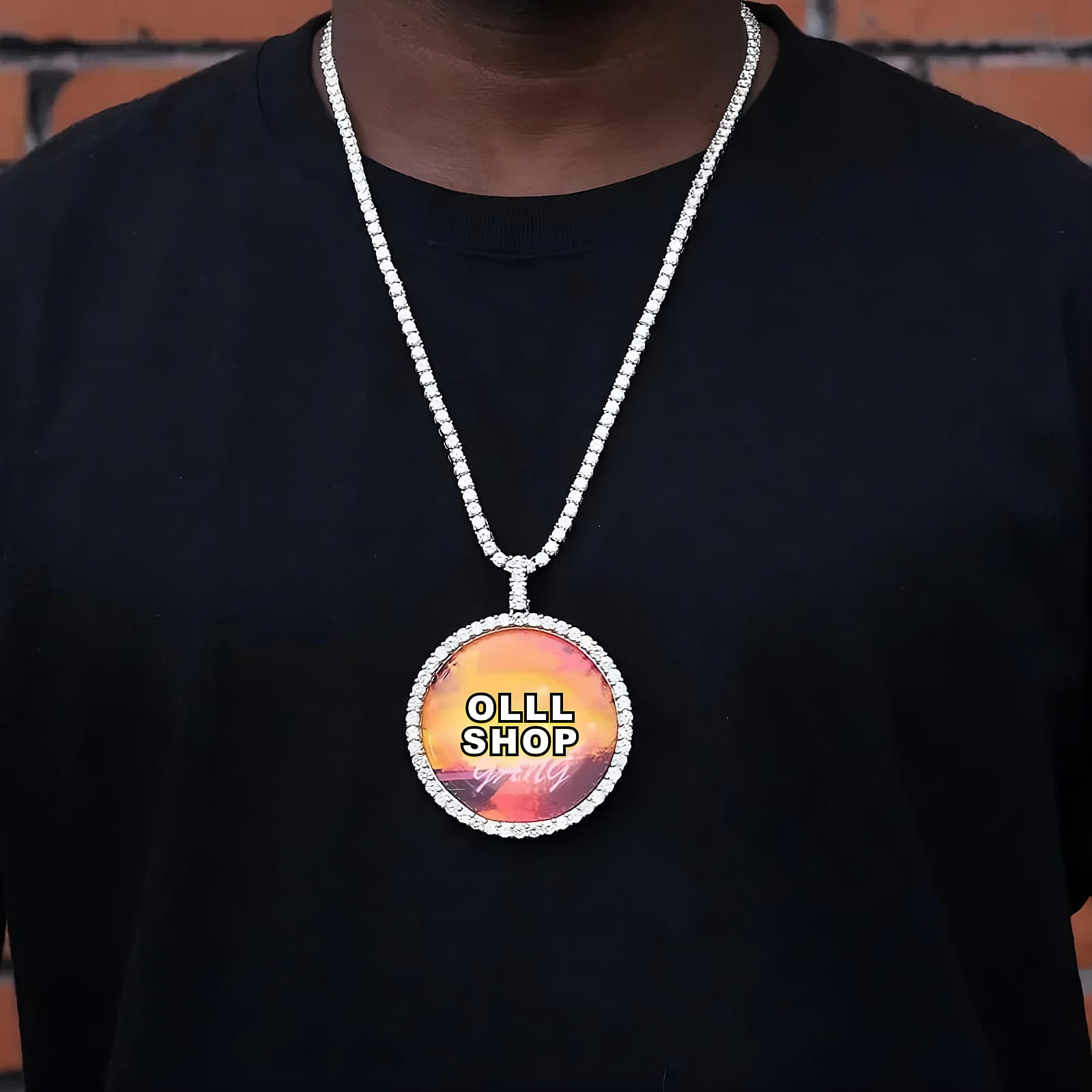 3D circle custom photo pendant necklace worn on model