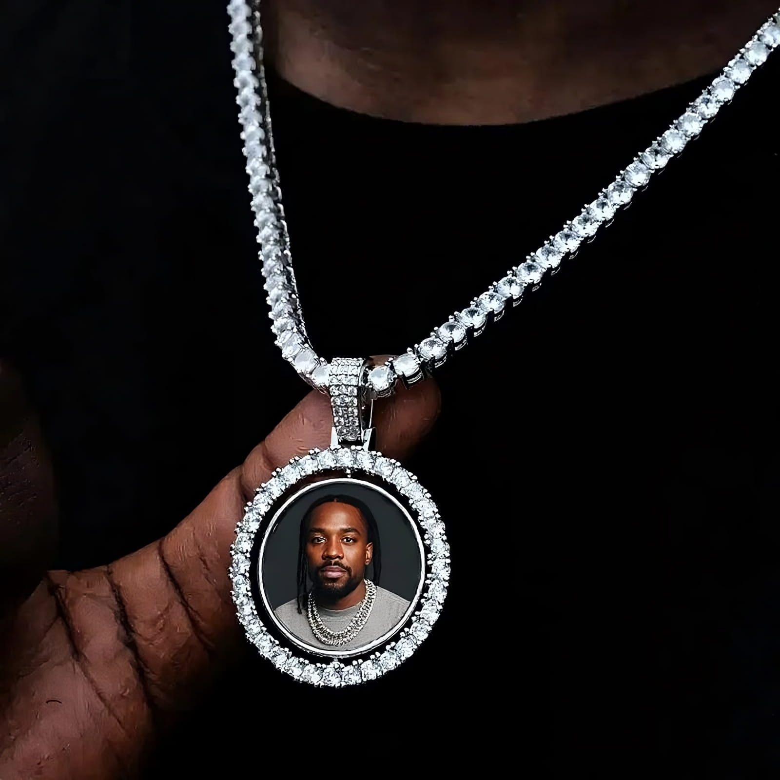 Custom spinning round photo pendant necklace with iced out border, personalized hip hop jewelry