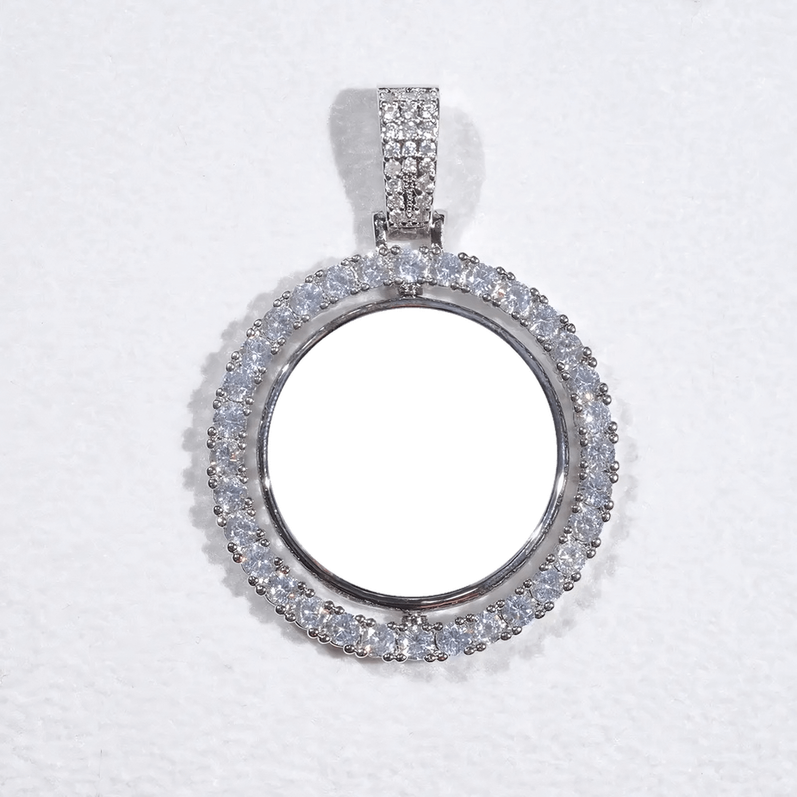 Empty round photo pendant frame with iced border, ready for custom picture insert