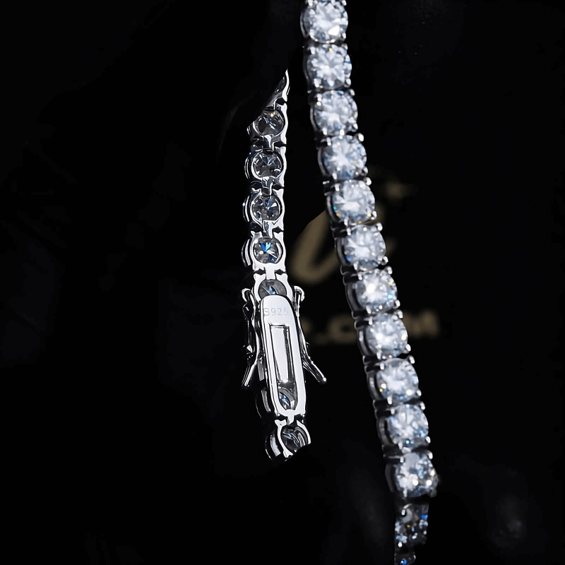 White gold 5mm moissanite tennis bracelet, VVS clarity, luxury jewelry display