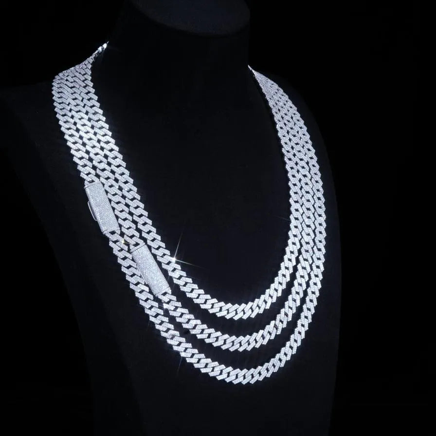 S925 & VVS Moissanite Two Row Prong Cuban Link Chain - 8mm