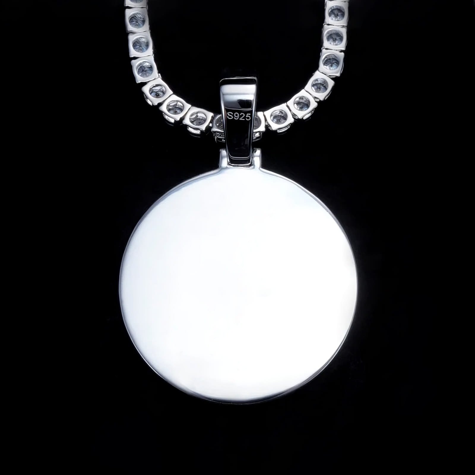 Back view of silver 3D circle photo pendant with moissanite stones, custom hip hop necklace