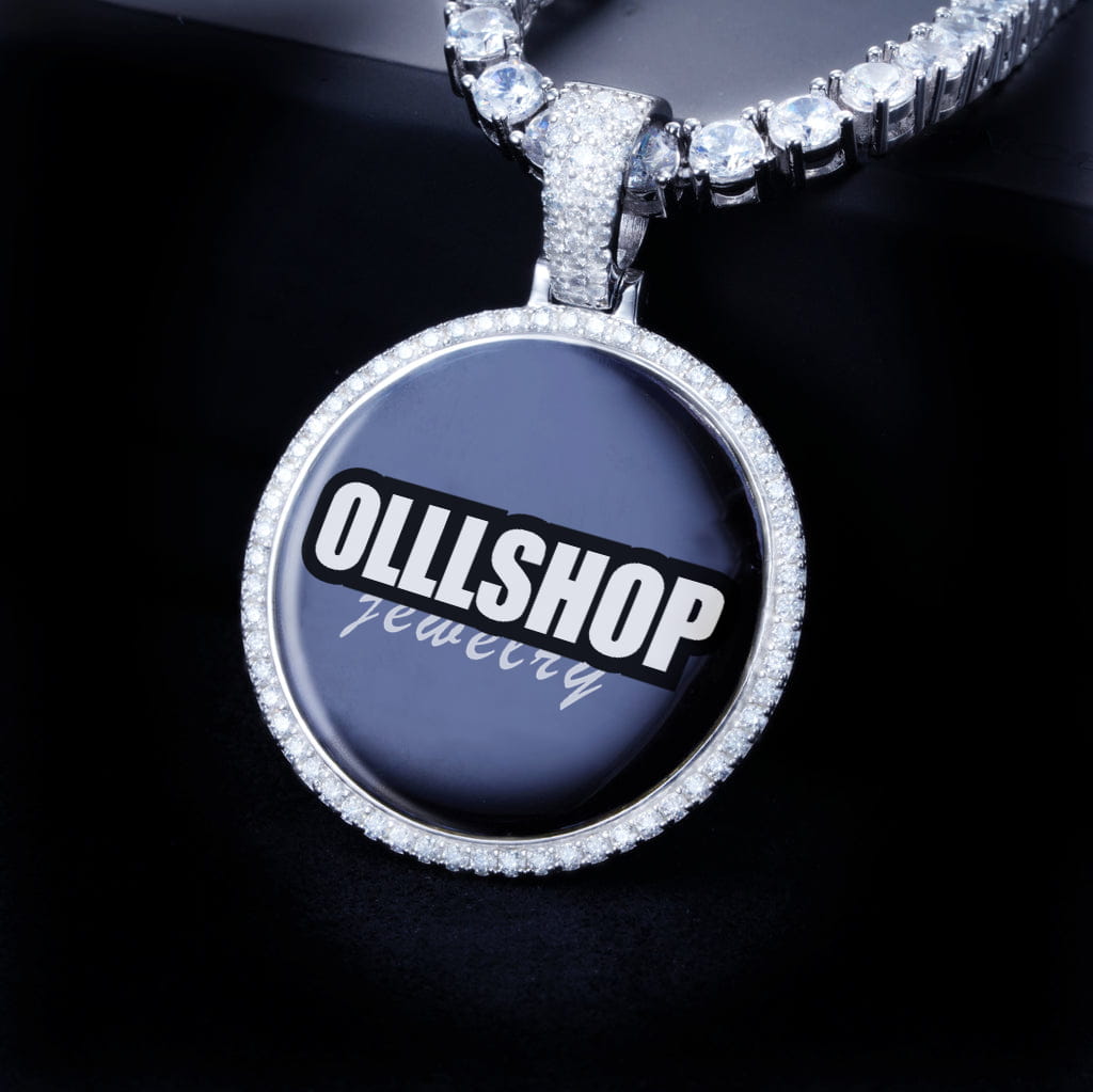 Silver 3D circle pendant necklace with moissanite border, custom photo hip hop jewelry