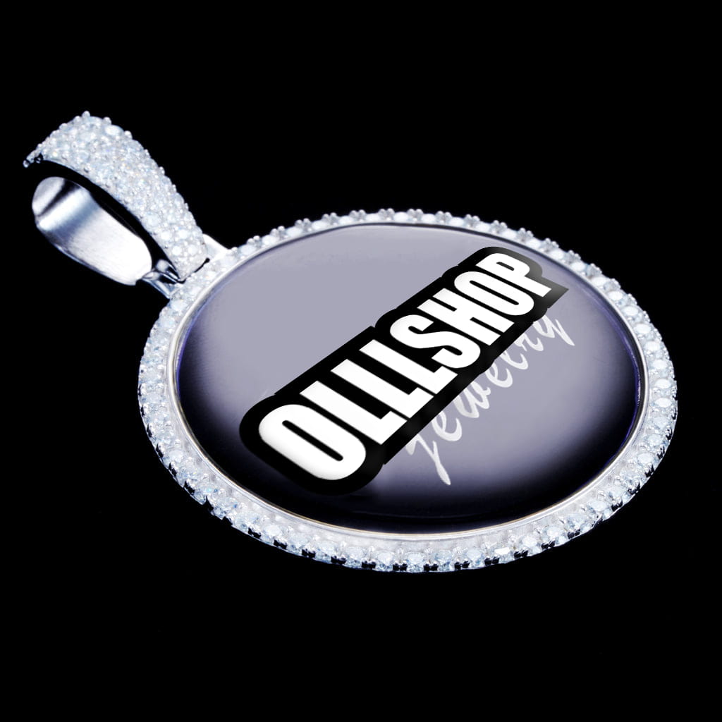 Side angle view of custom circle photo pendant with VVS moissanite stones, iced out necklace