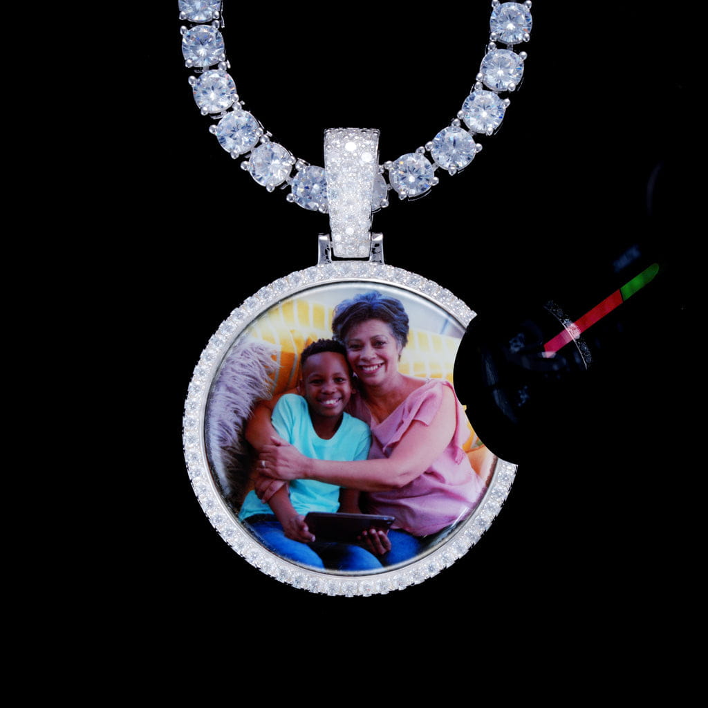 Custom photo pendant necklace with 3D circle frame and moissanite stones, personalized hip hop jewelry