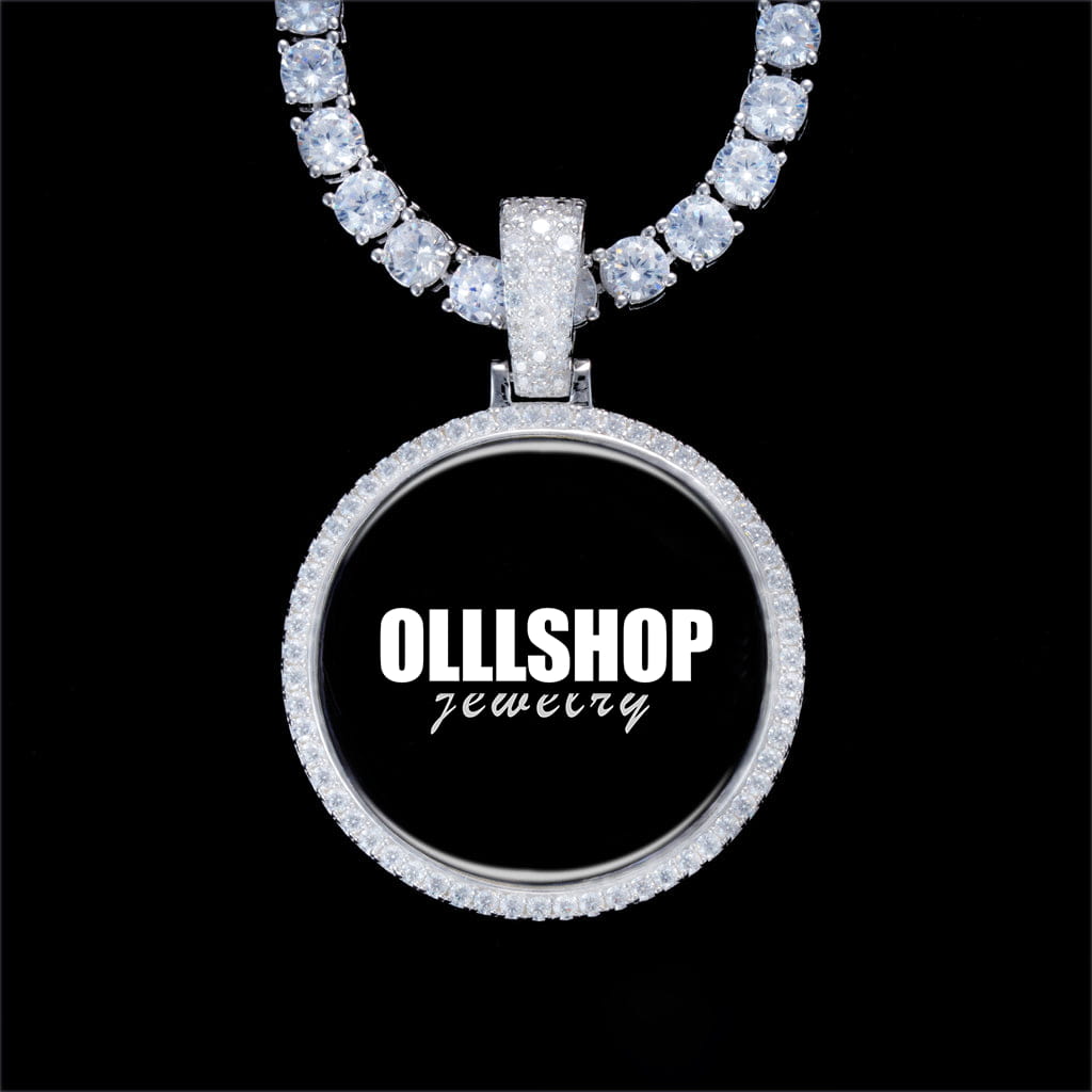 Round custom photo pendant necklace with iced moissanite border, hip hop jewelry style