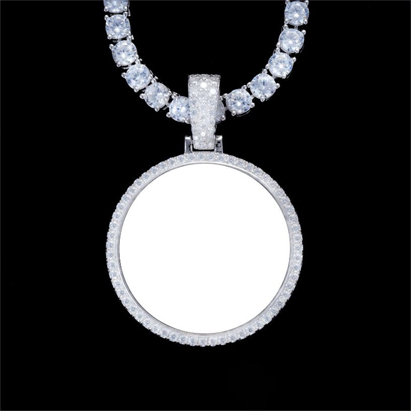 Blank round pendant necklace base ready for custom photo design, 925S moissanite hip hop jewelry