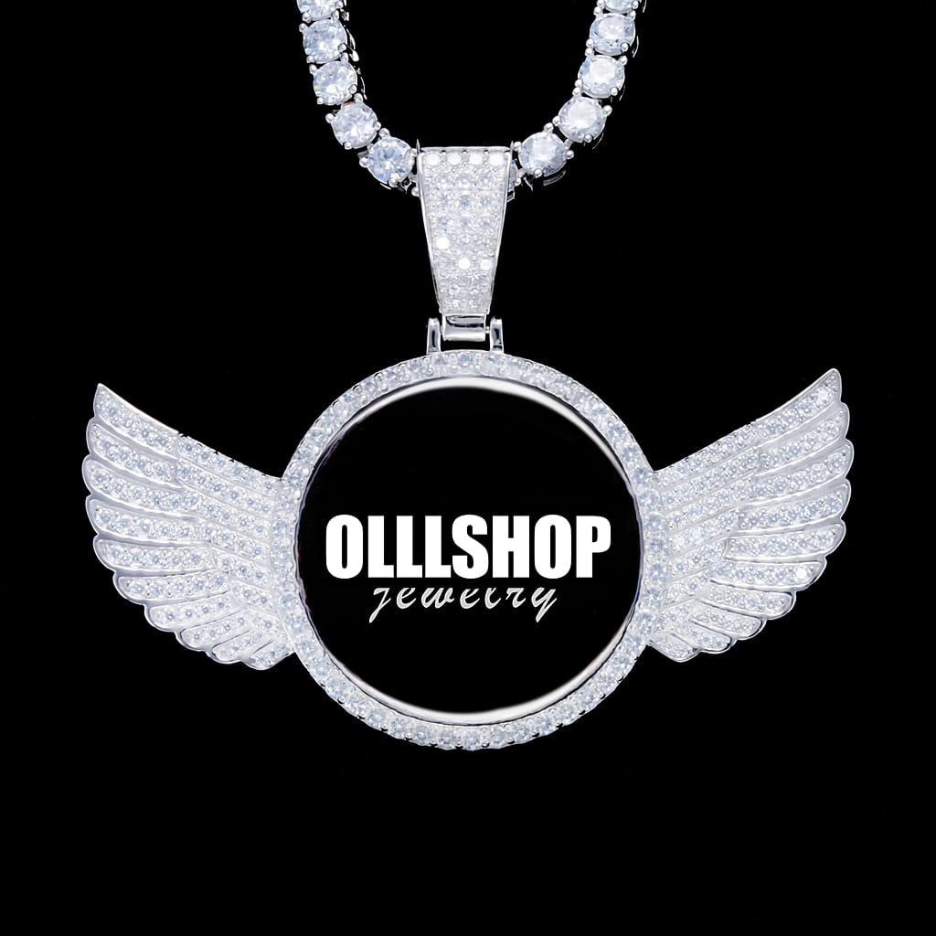 925S VVS moissanite 3D wing custom photo pendant necklace, iced out hip hop jewelry