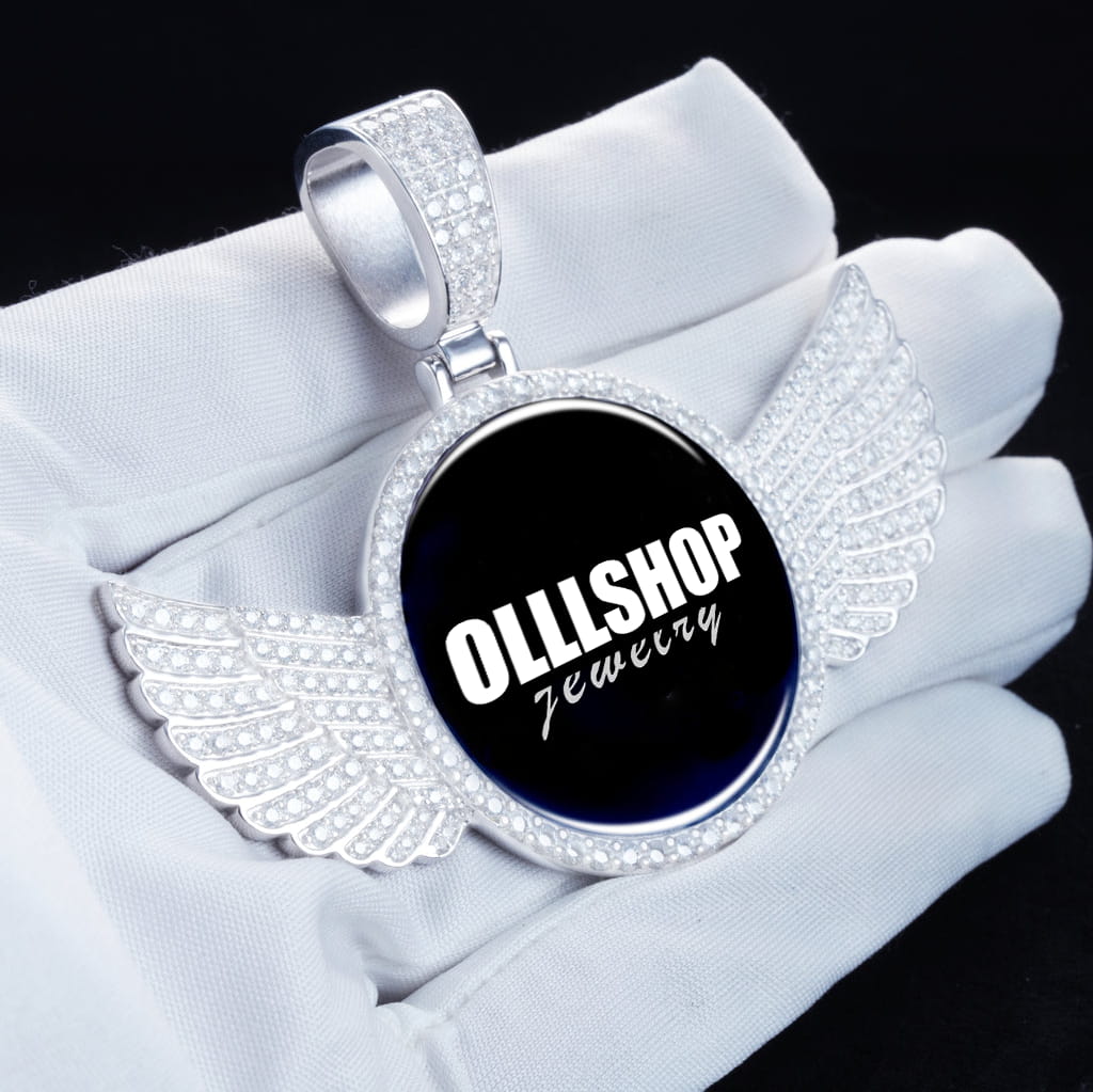 Hand holding 3D wing photo pendant with moissanite stones, personalized hip hop necklace