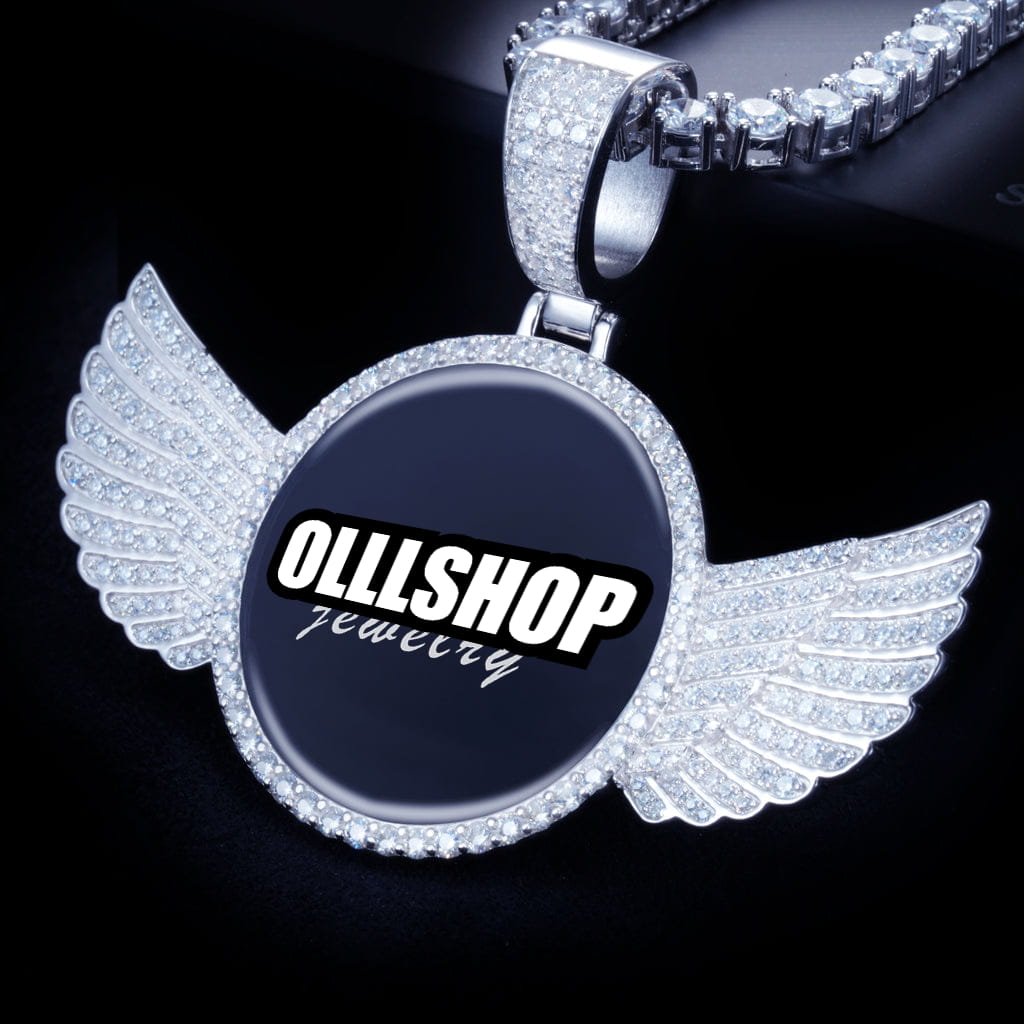 Silver custom picture pendant with wing design, iced out necklace for men and women