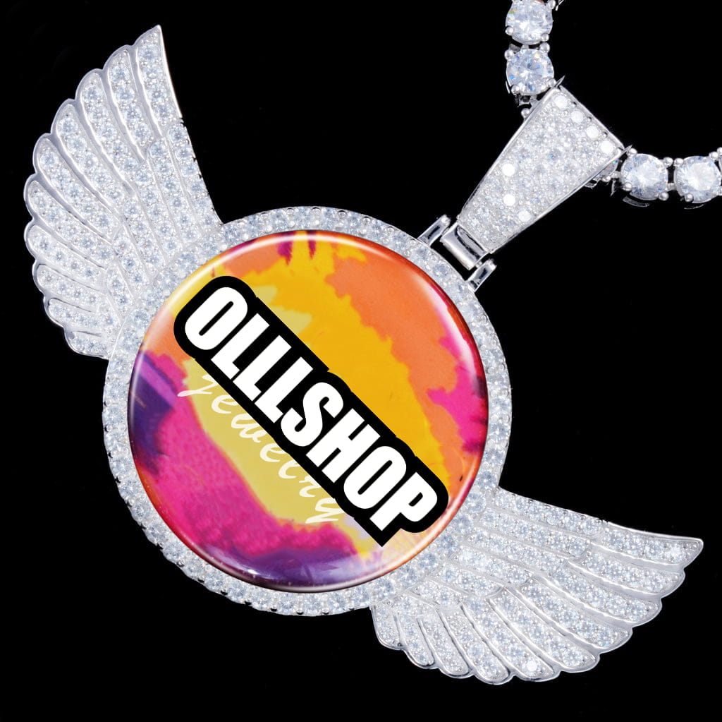 Iced 3D wing pendant necklace with photo customization, hip hop jewelry style