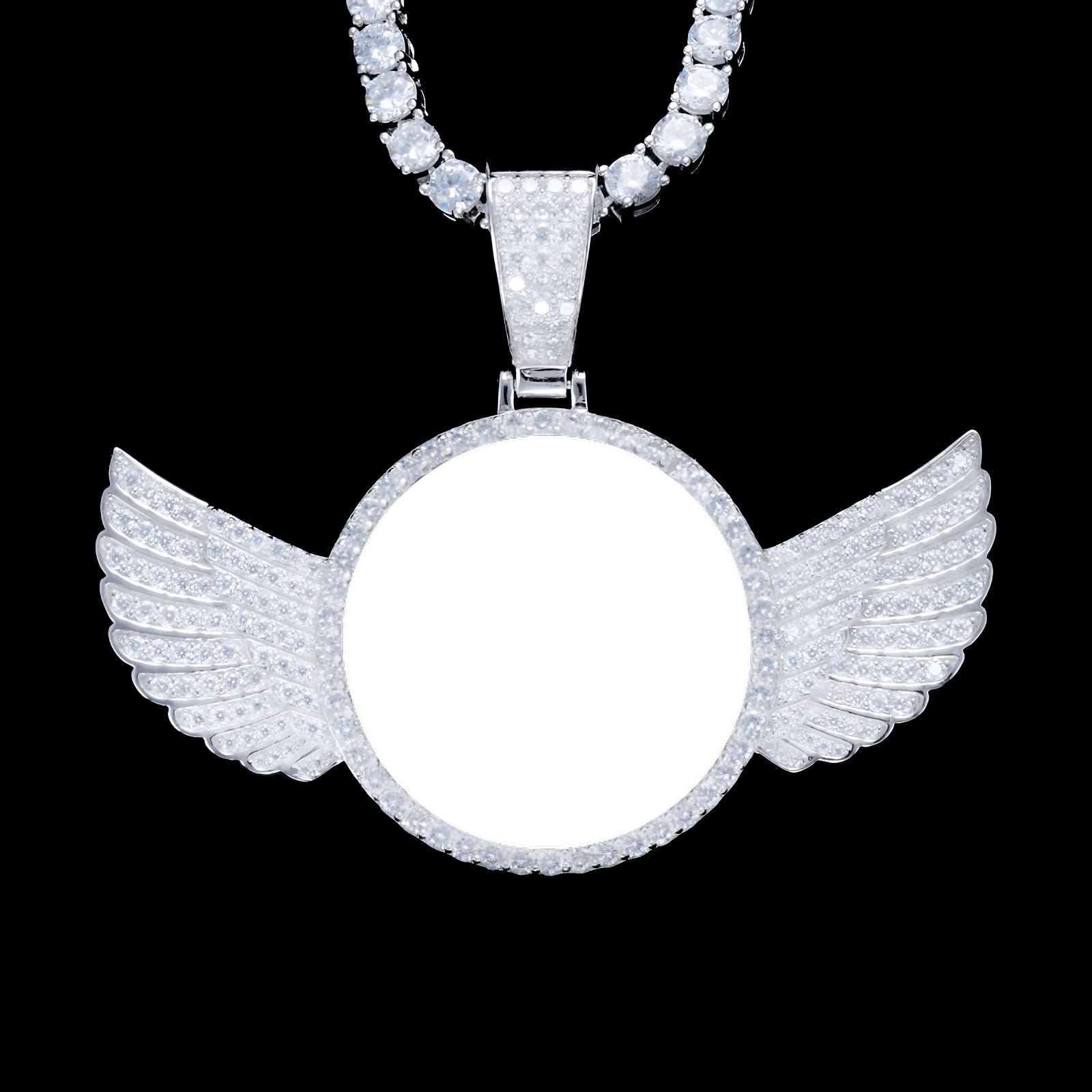 Silver moissanite 3D wing photo pendant with custom image, iced jewelry necklace