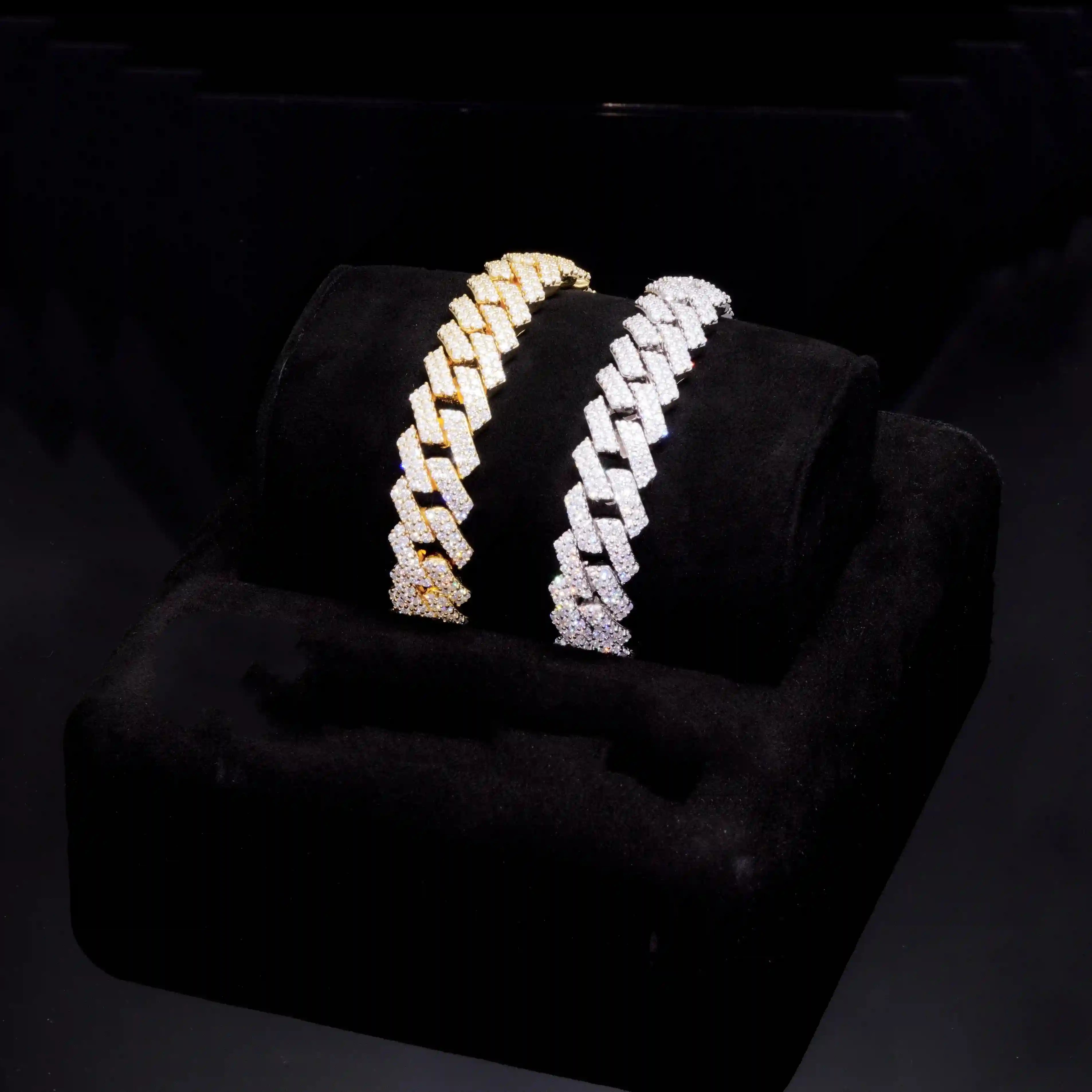 12mm prong Cuban bracelet in white gold and yellow gold with VVS moissanite stones