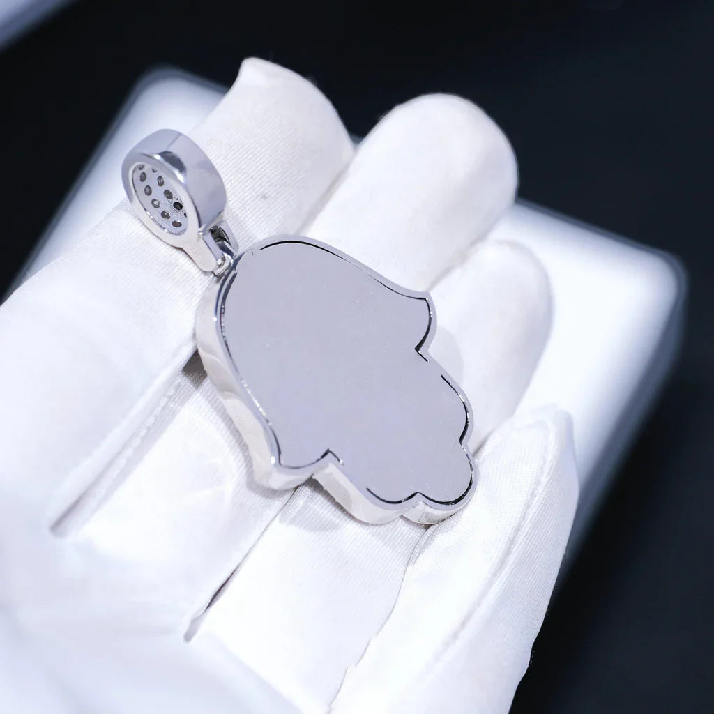 Baguette Hamsa Hand Pendant In White Gold - 35MM