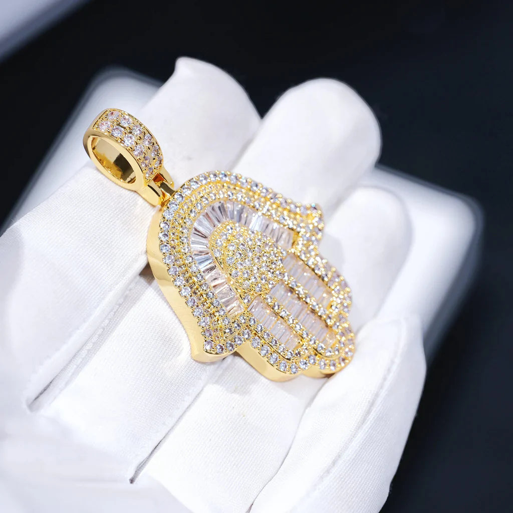 Baguette Hamsa Hand Pendant In White Gold - 35MM