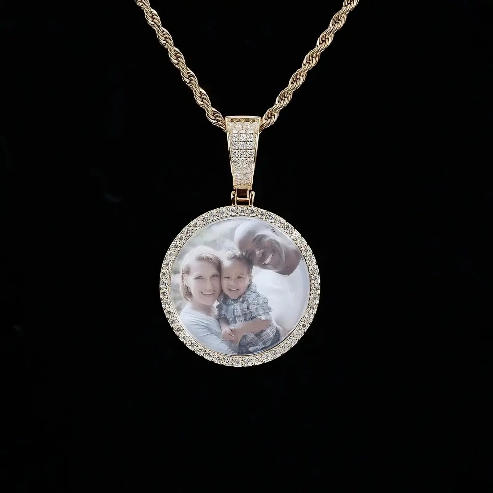 Custom round photo pendant necklace with diamond edge