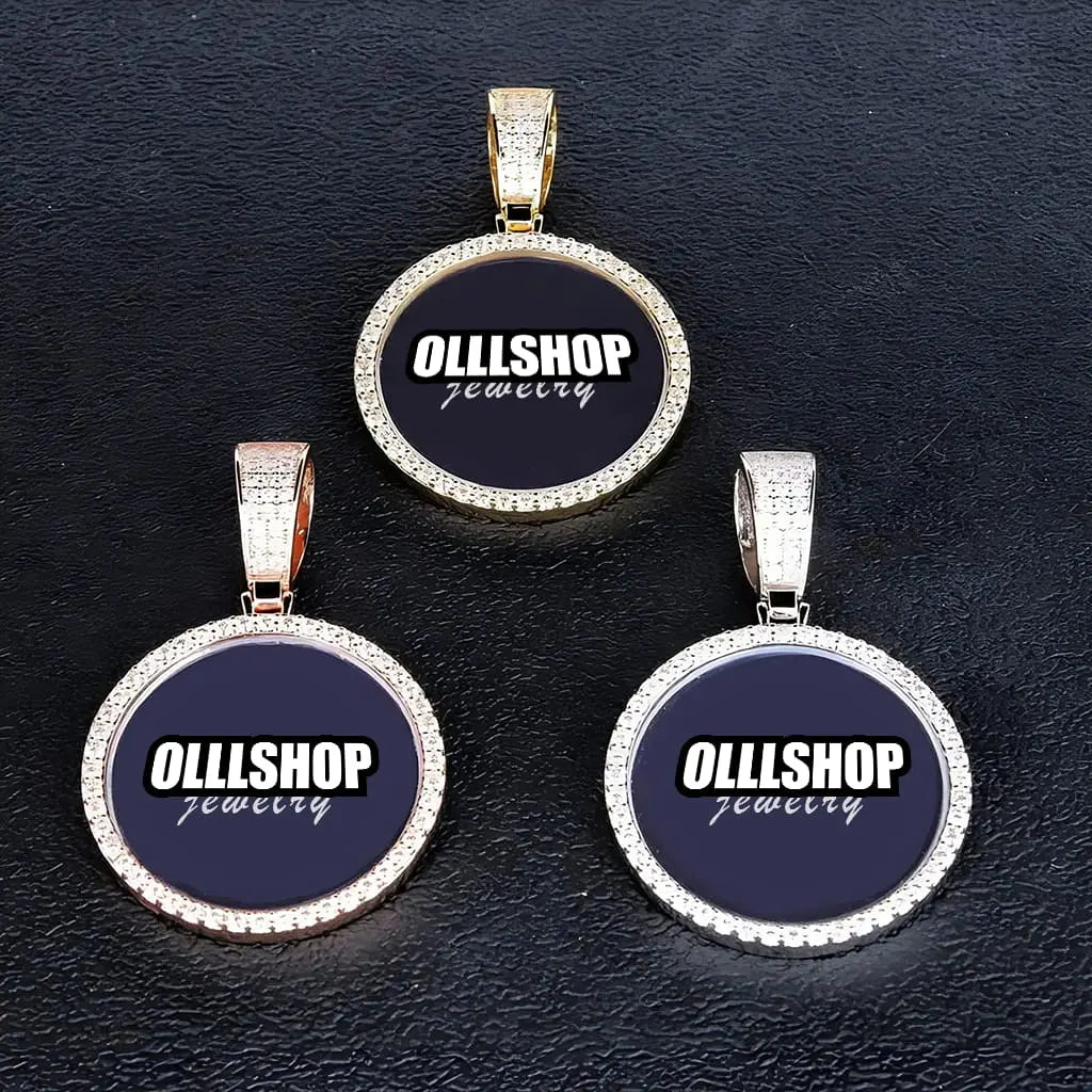 Set of three round custom photo pendants in different colors