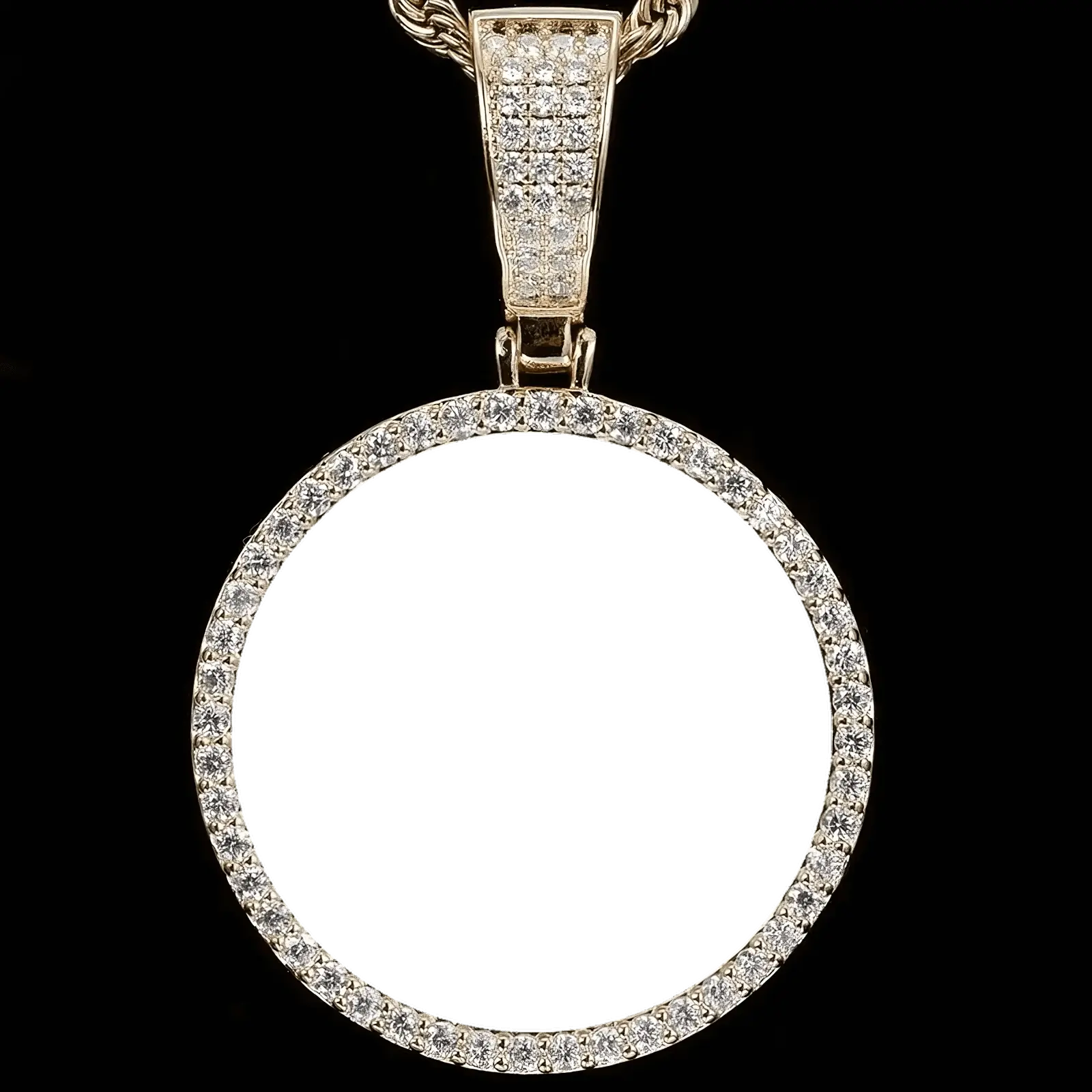 Empty round diamond pendant frame ready for personalized photo