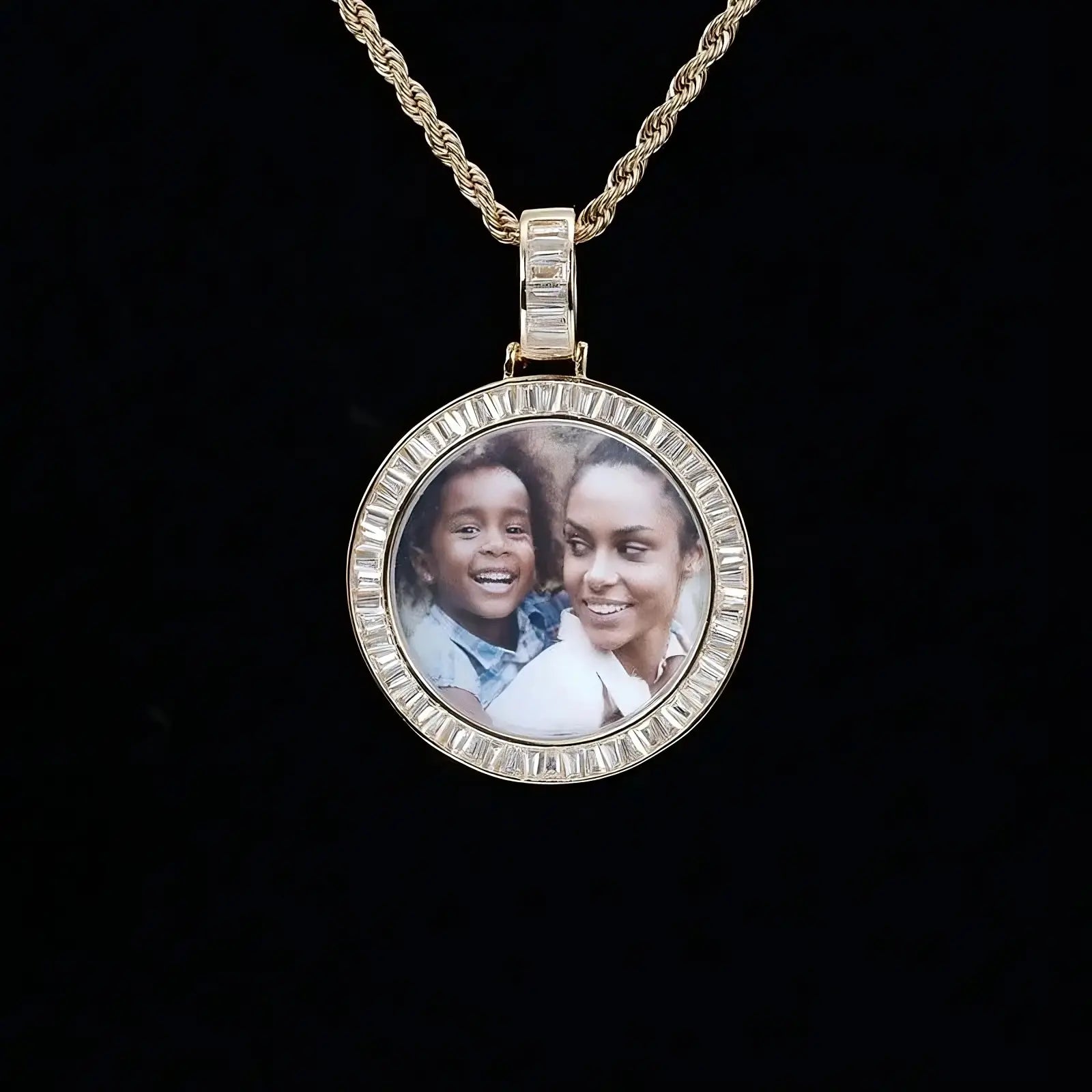 Custom round photo pendant necklace with diamond edge
