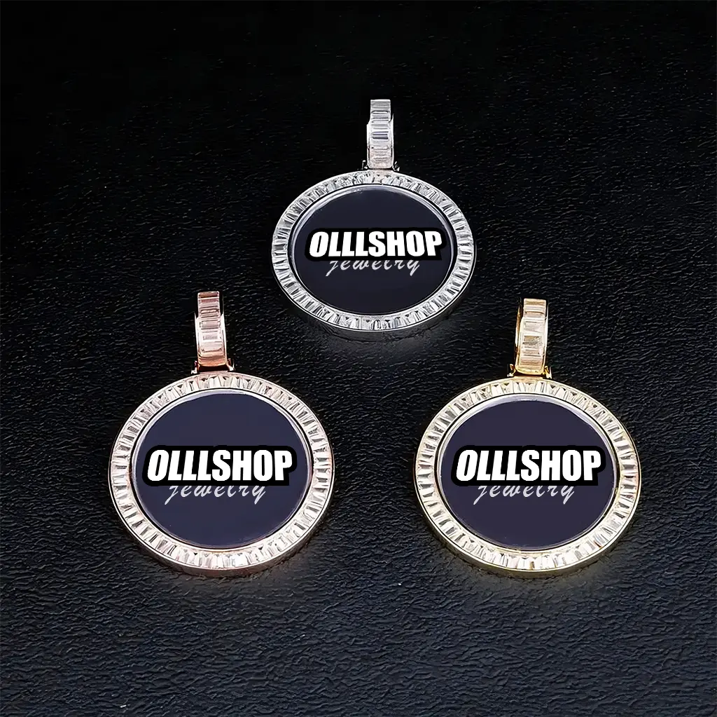 Set of three round custom photo pendants in different colors