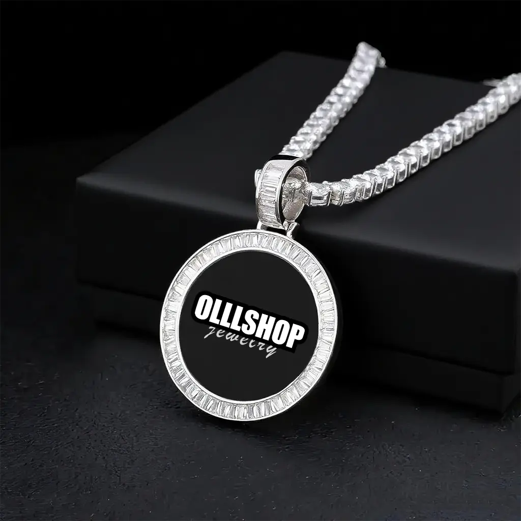 Silver round custom photo pendant displayed on jewelry box