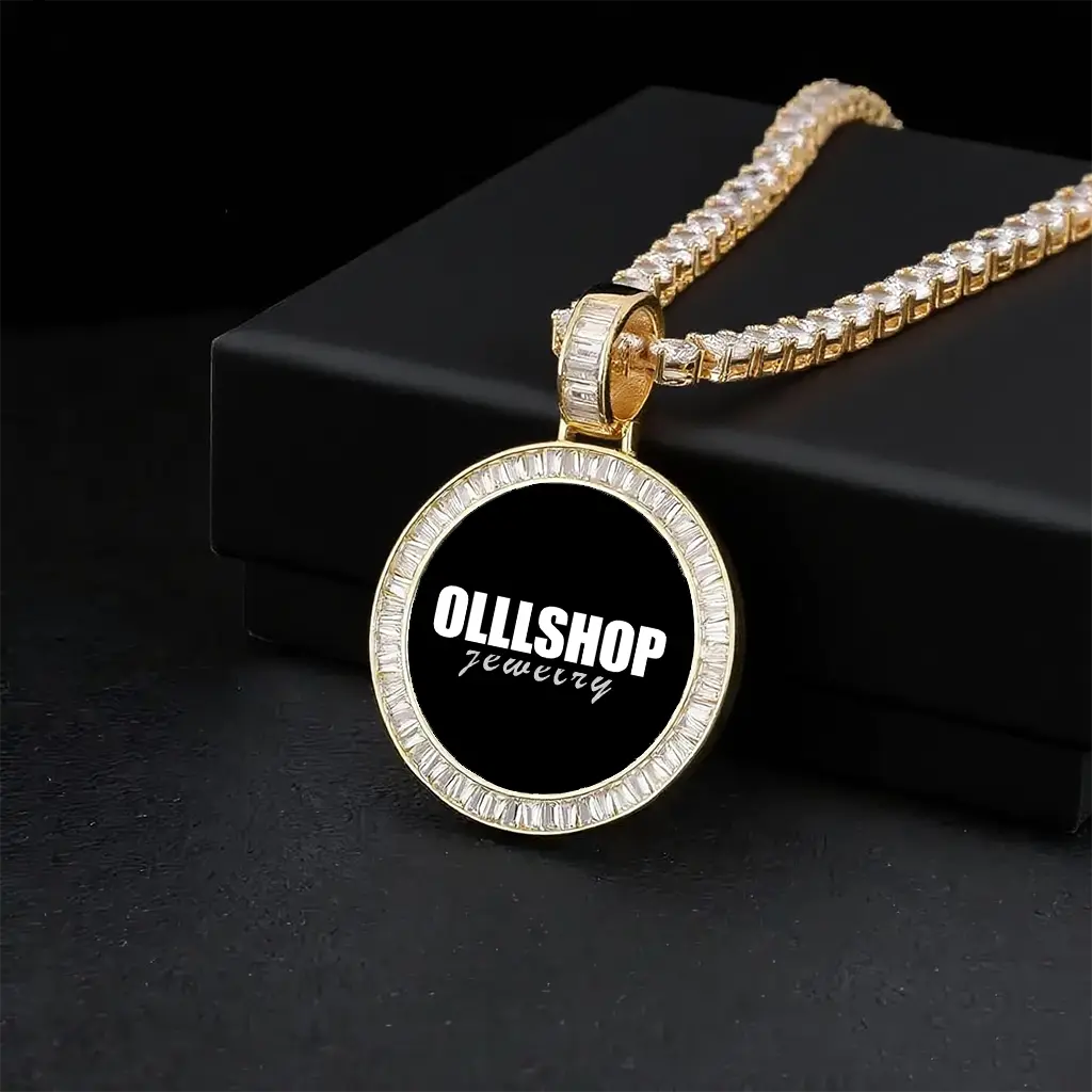 Gold round custom photo pendant displayed on jewelry box