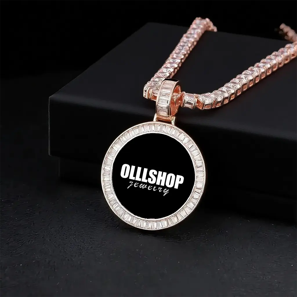 Rose gold round custom photo pendant displayed on jewelry box