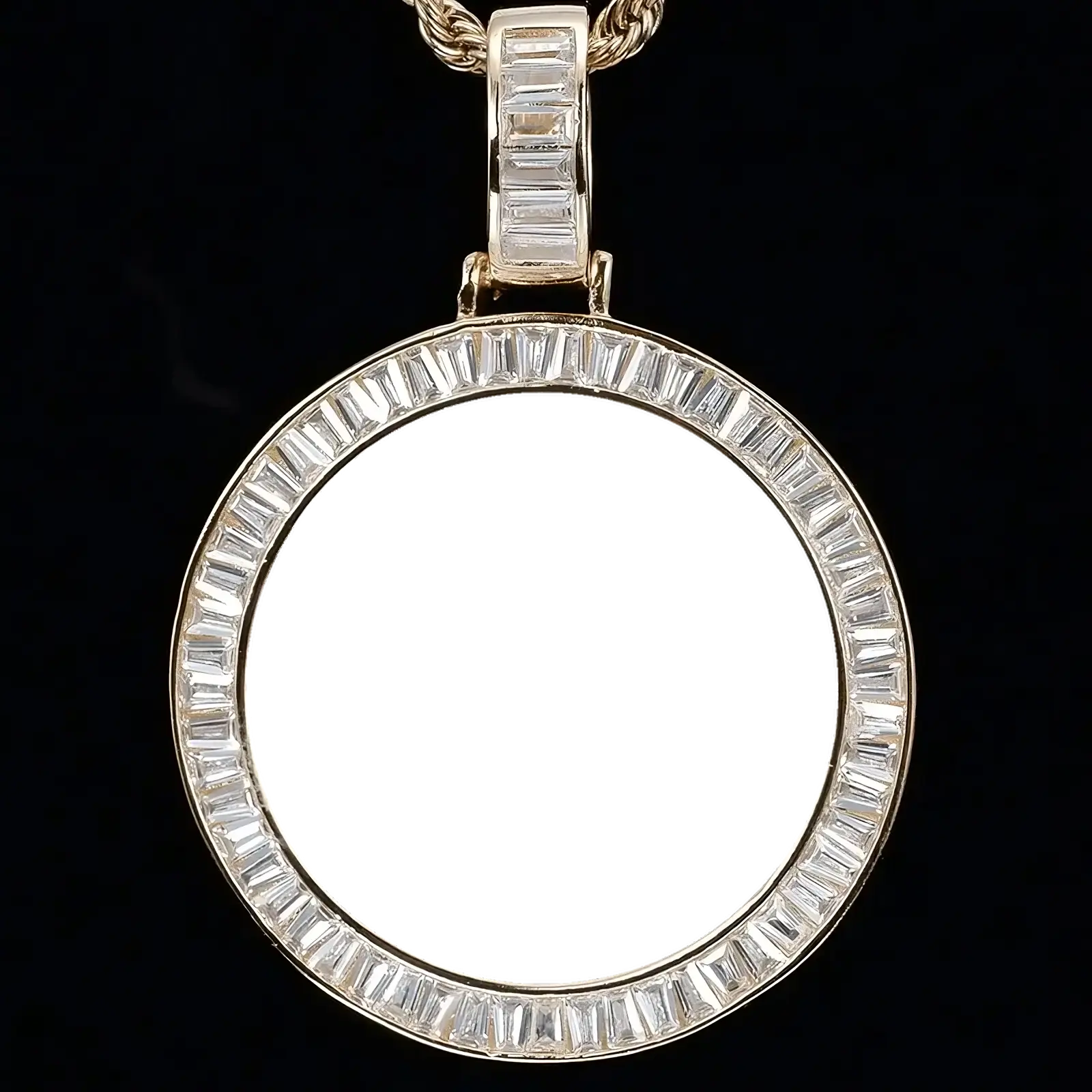 Empty round diamond pendant frame ready for personalized photo