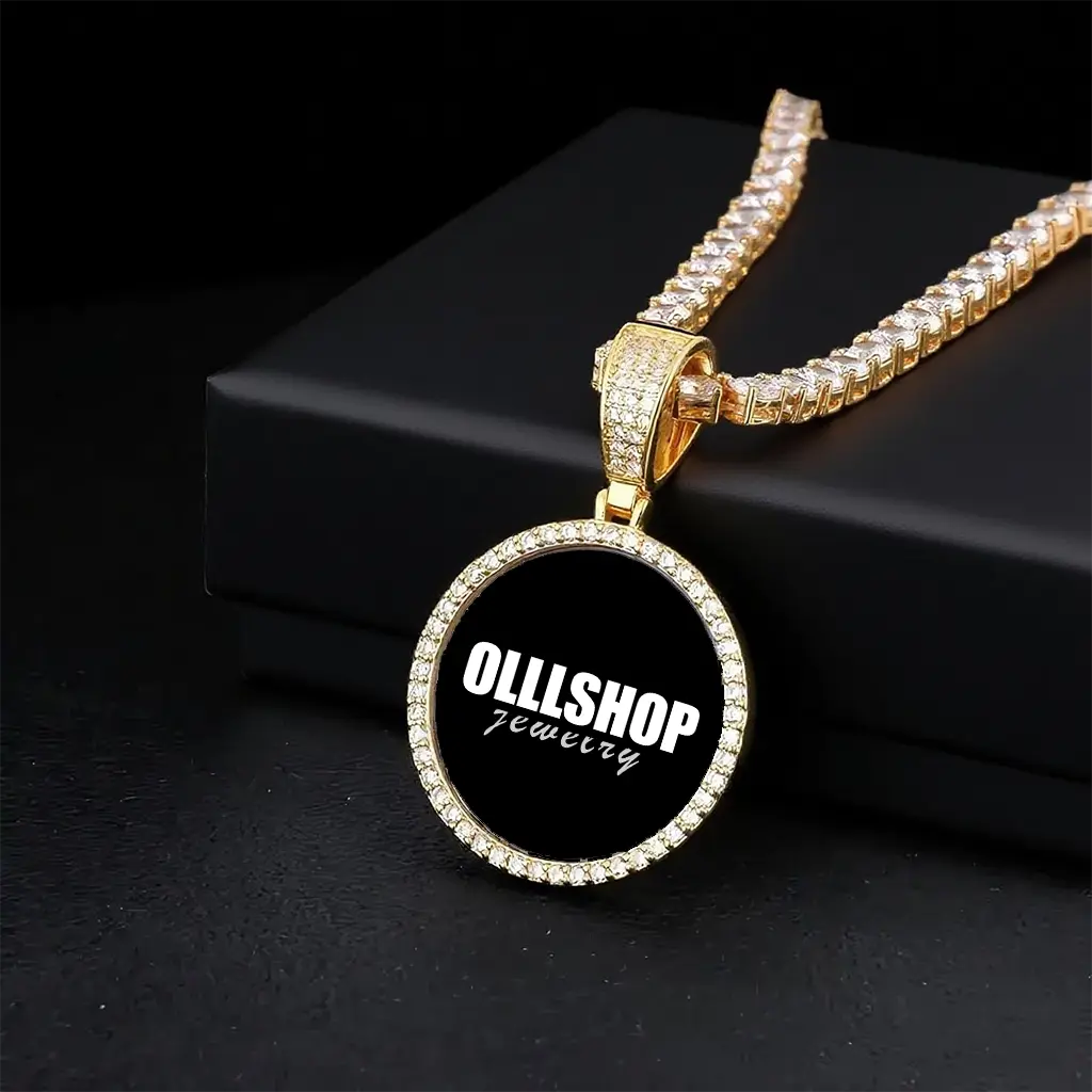 Gold round custom photo pendant displayed on jewelry box