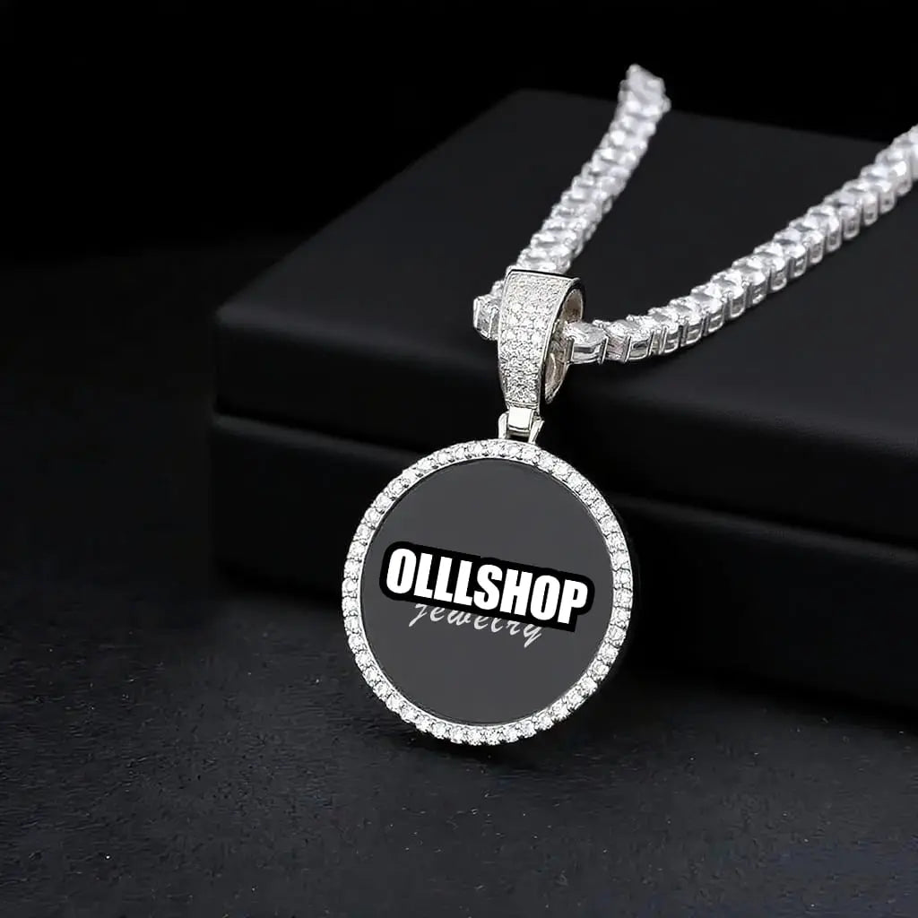 Silver round custom photo pendant displayed on jewelry box
