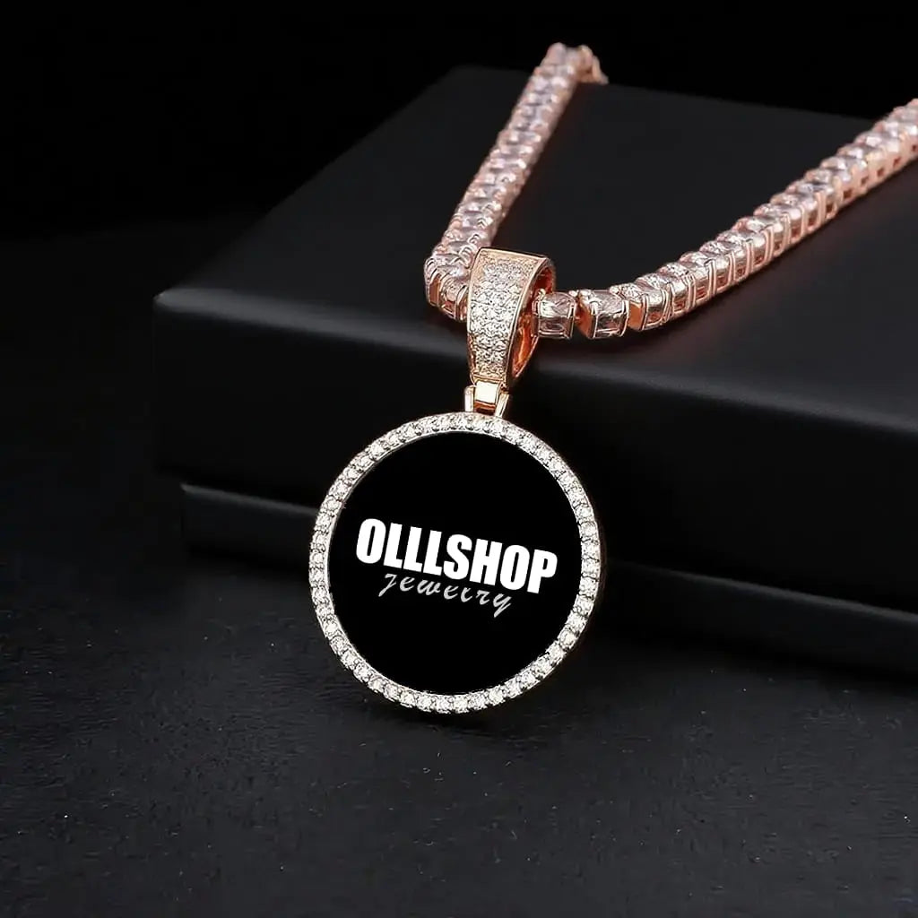 Rose gold round custom photo pendant displayed on jewelry box