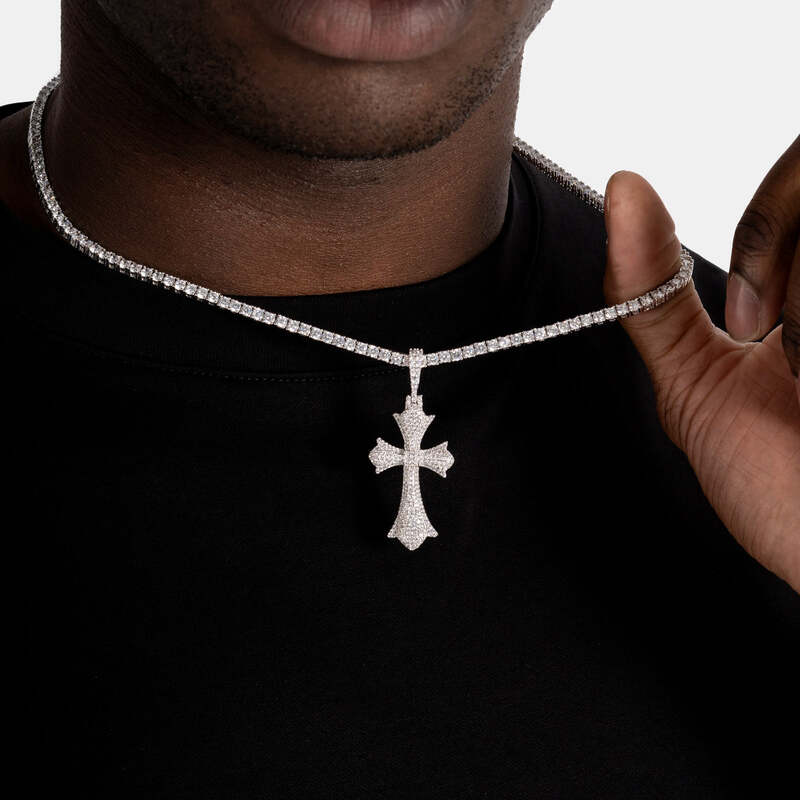 Chrome cross pendant necklace iced in white gold hip hop jewelry