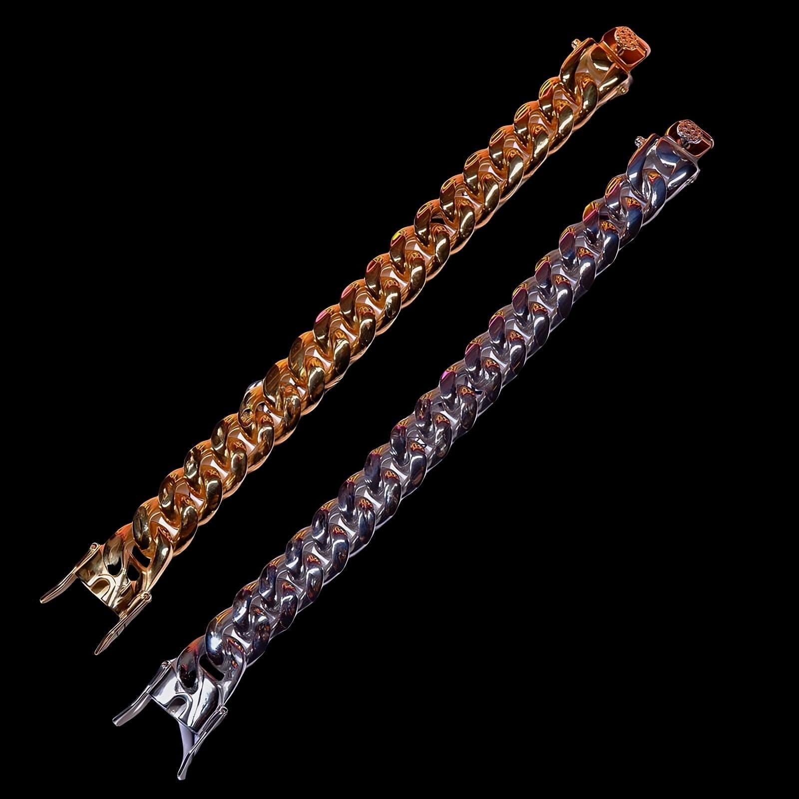 Classic Miami Cuban bracelet 14mm in gold and silver two-tone design, iced jewelry style