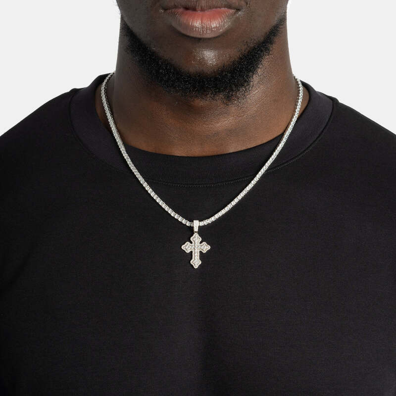 Cluster micro cross pendant in white gold with iced diamonds